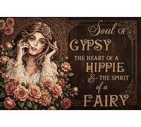 Soul of a Gypsy Heart of a Hippie Spirit of a Fairy - Letrero de metal de estaño, 20.3 x 30.5 cm, diseño vintage de girasol, bohemio, decoración de pared, placa rústica para el hogar, dormitorio