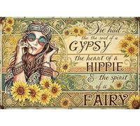 Soul of a Gypsy Heart of a Hippie Spirit of a Fairy - Letrero de metal de estaño, 20.3 x 30.5 cm, diseño vintage de girasol, bohemio, decoración de pared, placa rústica para el hogar, dormitorio