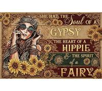 Soul of a Gypsy Heart of a Hippie Spirit of a Fairy - Letrero de metal de hojalata de 8 x 12 pulgadas, diseño de girasol vintage, decoración de pared, placa rústica para el hogar, dormitorio, regalo