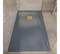 SOULBATH Plato de Ducha - Resina - Gel Coat - Textura Liso/Piedra - Antideslizante - Color Gris Cemento - 210x90- Extraplano 3cm. Incluye Válvula de desagüe - REJILLA GOLD