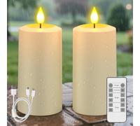 SoulBay Velas recargables impermeables, 2 velas de batería LED sin llama USB-C con control remoto y temporizador, velas de pilar de larga duración de 90 a 200 horas para decoración de jardín, patio