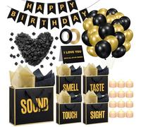 Soulchen Juego de 58 decoraciones de cumpleaños de 5 sentidos, bolsas de regalo con papel de seda y asa, pancarta de cumpleaños, globo negro y dorado, pétalos falsos, velas LED para él, marido, novio