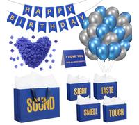 Soulchen Regalos de 5 sentidos, decoraciones de cumpleaños, bolsas de regalo de cinco sentidos, decoración de fiesta de cumpleaños con pancarta de feliz cumpleaños, sabor táctil, sonido de pétalos de