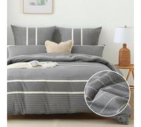 SOULFUL Juego de ropa de cama con funda nórdica 140x200 cm y funda de almohada 65x65 cm, diseño de rayas boho, 100% algodón lavado, certificado Oeko-TEX, gris oscuro. Juego de cama de 1 plaza en