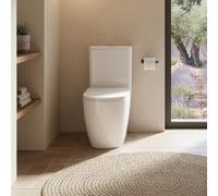 SOULHOME Pack Inodoro Completo Rimless Curvo Blanco Mate | Tapa Amortiguada | Salida Horizontal/Vertical | Doble Descarga Eco | Pulsador Negro Mate