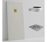 SOULHOME Plato de Ducha - Resina - Gel Coat - Textura Liso Seda - Antideslizante - Color Blanco Roto - 150X75- Extraplano 3cm. Incluye Válvula de desagüe - REJILLA GOLD