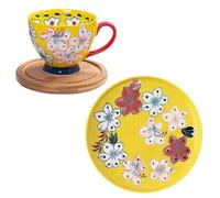 soulnioi 1 juego de tazas y platillos de cerámica de 450 ml con plato llano de 20,3 cm, taza de cerámica pintada con camafeo, apto para leche, avena, té, pizza, fruta (#amarillo)