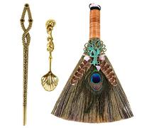 Soulnioi Mini escoba de bruja con pluma y cristal, escoba de altar wiccano, cepillo de cristal, decoración de ceremonia mágica, adorno de amatista, cuchara de café retro, cetro, para ceremonia