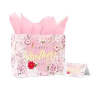 souloduce Juego de bolsas de regalo para el día de la madre de 13 pulgadas con tarjeta y pañuelo, para madres, abuelas, abuelas, abuelas, flores y lámina dorada "Happy Mother's Day" (paquete de 1)