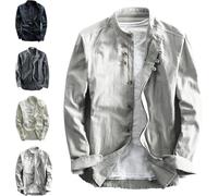 Soulona - Camisa de primavera para hombre, de lino suave de primera calidad, estilo japonés, con botones, vintage, cuello alto, camisa delgada, Gris Claro, 3XL