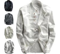 Soulona - Camisa de primavera para hombre, de lino suave de primera calidad, estilo japonés, con botones, vintage, cuello alto, camisa delgada, blanco, 3XL