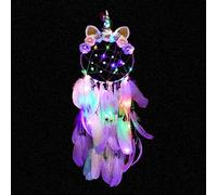 SoulQool Atrapasueños de unicornio con luces, plumas coloridas hechas a mano, atrapasueños con flores para niñas y niños, cuarto de bebé, dormitorio, decoración para colgar en la pared (púrpura con