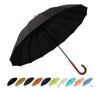 SoulRain Paraguas de 16 varillas de 122 cm, apertura automática, color sólido, moderno y simple, mango de madera clásico, resistente al viento, irrompible, paraguas de lluvia (Black)