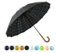 SoulRain Paraguas de 16 varillas de 122 cm, apertura automática, color sólido, moderno y simple, mango de madera clásico, resistente al viento, irrompible, paraguas de lluvia(Grid Navy)