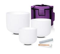 SOUNDELLO Juego de 3 cuencos de cristal de cuarzo de 6 a 10 pulgadas, 432 Hz, color blanco puro, para curación, meditación, yoga, baños sonoros con funda y mazo de gamuza