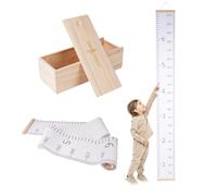 Soundly Made Tabla de crecimiento para pared, tabla de altura para niños, regla de lona con caja de almacenamiento de madera, tabla de medición impermeable, decoración de guardería y regalo de baby