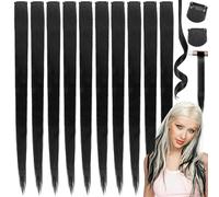 SoundZero 12 Piezas de Pelo Negro Reutilizable, Extensiones de Cabello Natural Largo y Liso (Negro)