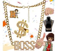 SoundZero 2 Piezas Kit de Disfraces de Hip Hop, Hombre Chapado en Hip Hop Collares y Anillos, Accesorios de Hombre de Collar Oro Disfraz, Anillo de Dólar, Adecuado para Unisex, Carnaval, Fiesta(Oro)