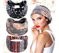 SoundZero 3 Piezas Elástico Cinta Banda para El Cabello, Cinta Pelo Elástico Ancho Turbantes Para Mujer, Bohemias Estampado Cinta Pelo de Leopardo, Bohemia Bandana Yoga Deportivo Headband (3 colores)