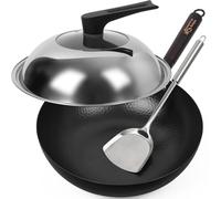 Souped Up Recipes Sartén wok de 34 cm/7 l, sartén china de acero al carbono para cocinas eléctricas, cocinas de inducción (tapa, espátula y guía de usuario incluidos)