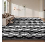 Sour Lemon Alfombra Salón Pelo Largo a Rayas, Alfombra Shaggy Grande Antideslizante para Dormitorio, habitación de los niños, Alfombra Lavable Moderna y Suave, Gris Oscuro y Blanco Negro, 160x230 cm