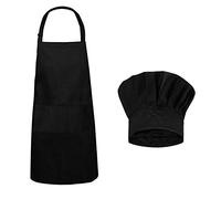 SourceTon Juego de delantal de chef, delantal ajustable con bolsillos y sombrero de chef elástico ajustable para mujeres y hombres, color negro, Negro, 35in x 27in