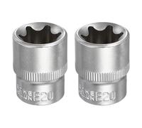 sourcing map 2 llaves de vaso E-Torx de 3/8 pulgadas E20 Star métricas de 1.2 pulgadas de longitud Torx externa, manga superficial Torx de 35 K, aleación de acero cromado, funda estriada de 6 puntos