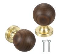 sourcing map 2 pomos de madera para gabinete, pomos redondos de nogal de 1.2 pulgadas con base de cobre para muebles, armario, tocador, marrón dorado, 1.7 pulgadas