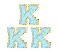 sourcing map 3 parches de letras termoadhesivas de felpilla con purpurina de 2 pulgadas, parches de felpilla mullida con ribete dorado para ropa, mochilas, sombreros (azul, letra K)