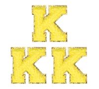 sourcing map 3 parches de letras termoadhesivas de felpilla con purpurina de 2 pulgadas, parches de felpilla mullida con ribete dorado para ropa, mochilas, sombreros (amarillo, letra K)