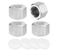 sourcing map 4 tapas hexagonales de acero inoxidable 304 con arandela, rosca hembra G3/8 pulgadas, tubo de válvula de parada de línea de gas, extremos de tubo para accesorios de fontanería, tono