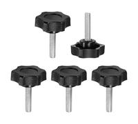 sourcing map 5 pomos de estrella de sujeción M6 x 25 mm, rosca métrica macho de acero al carbono, tornillos de apriete a mano, pernos roscados para plantillas de carpintería, color negro