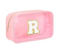 sourcing map Bolsa de maquillaje con inicial, bolsa de cosméticos transparente, organizador de artículos de tocador con cremallera, bolsa de maquillaje portátil para uso diario, Pink, Letra R