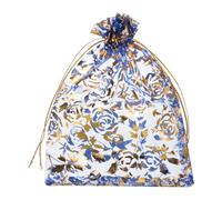 sourcing map Bolsa de organza de 5 x 7 pulgadas, bolsas de malla transparente con corazón y flores, bolsas de regalo a granel, bolsas de joyería para bodas, caramelos, San Valentín (azul-dorado,
