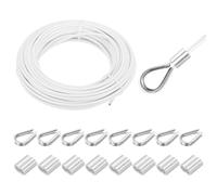 sourcing map Cuerda de alambre de acero inoxidable 304 de 66 pies, revestimiento de vinilo de 4 mm con 8 fundas de aluminio y dedal para barandilla, cubierta, colgar, tendedero, color blanco, 20 m