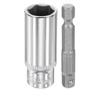 sourcing map Enchufe de impacto profundo de 6 puntos de 1/4 pulgadas, 14 mm, enchufe métrico de 2 pulgadas de longitud con adaptador de vástago hexagonal de 1/4 pulgadas, adaptador de enchufe de acero