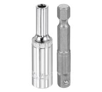 sourcing map Enchufe de impacto profundo de 6 puntos de 1/4 pulgadas, 4 mm, enchufe métrico de 2 pulgadas de longitud con adaptador de vástago hexagonal de 1/4 pulgadas, adaptador de enchufe de acero