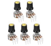 sourcing map Juego de 5 potenciómetros giratorios WH148 B10K Ohm con interruptor, codificador giratorio de 3 pines con botón pulsador y perilla de atenuación AG3 amarillo y tuercas, arandelas para