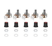 sourcing map Juego de 5 potenciómetros giratorios WH148 B5K Ohm con interruptor, codificador giratorio de 3 pines con botón pulsador y perilla de atenuación AG3 roja y tuercas, arandelas para guitarra
