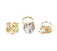 sourcing map Juego de anillos gruesos de oro para mujer, ajustables, apilables, con perlas, estilo vintage, joyería apilable, Acero aleado, Sin piedras preciosas