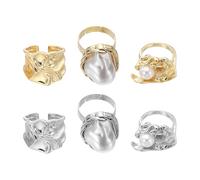 sourcing map Juego de anillos gruesos de oro para mujer, ajustables, apilables, con perlas, estilo vintage, apilables, paquete de 6, tono dorado, tono plateado