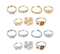 sourcing map Juego de anillos gruesos de oro para mujer, ajustables, apilables, vintage, apilables, paquete de 14, tono dorado/plateado