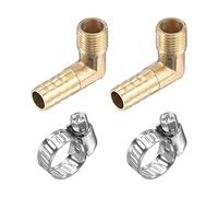 sourcing map Latón Manguera Púa Montaje Codo 10mm x G1/4 Macho Rosca Recto Ángulo Tubo Conector con Inoxidable Acero Manguera Abrazadera Paquete de 2