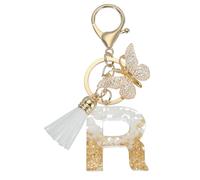 sourcing map Llavero de letra inicial, bonito llavero de mariposa con borla del alfabeto R para mujeres y niñas, llavero, bolso de mano, mochila (tono dorado/blanco, paquete de 1), Tono dorado/blanco