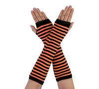 sourcing map Mujeres Invierno Raya Patrón Codo Longitud Sin dedos Thumbhole Calentadores de brazo Guantes largos naranja talla única