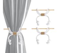 sourcing map Paquete de 2 alzapaños de cortina de cuerda de algodón con borlas, alzapaños decorativos tejidos a mano con club de madera para decoración del hogar y oficina, color blanco