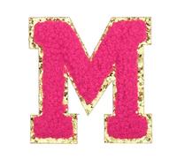 sourcing map Parches termoadhesivos con letras de felpilla de 5,6 cm, letra M, bordado del alfabeto con borde dorado, adhesivo para decoración de reparación de ropa, color rojo rosa