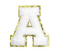 sourcing map Parches termoadhesivos de letras de felpilla de 5,6 cm, con inicial de letra A, borde dorado, bordado del alfabeto con adhesivo para decoración de reparación de ropa, color blanco