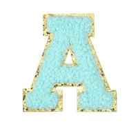sourcing map Parches termoadhesivos de letras de felpilla de 5,6 cm, con inicial de letra A, borde dorado, bordado del alfabeto con adhesivo para decoración de reparación de ropa, azul agua