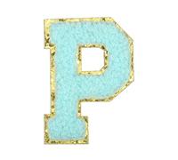 sourcing map Parches termoadhesivos de letras de felpilla de 5,6 cm, con inicial de letra P, borde dorado, bordado del alfabeto con adhesivo para decoración de reparación de ropa, azul agua